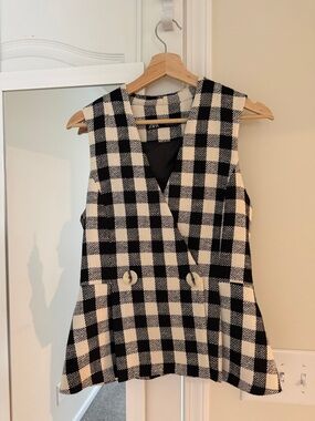 Zara Black and Cream Gingham Sleeveless Wrap Vest Dress